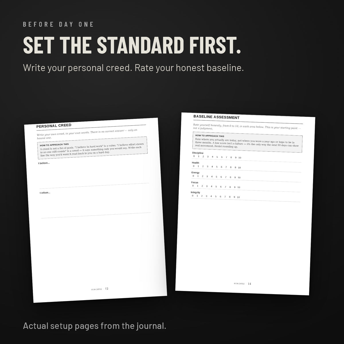 Foundations Journal interior: personal creed and baseline assessment setup pages