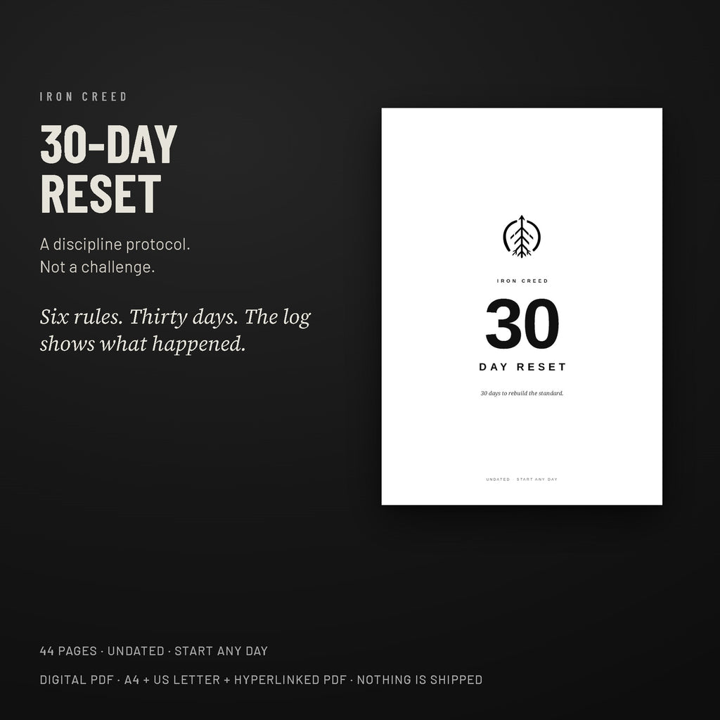 Iron Creed 30-Day Reset cover. A discipline protocol, not a challenge. Digital PDF.