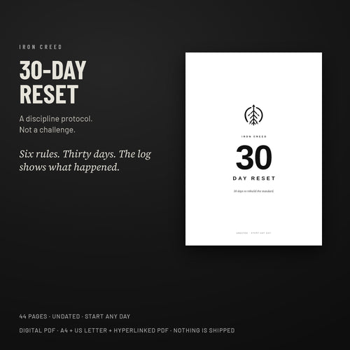 Iron Creed 30-Day Reset cover. A discipline protocol, not a challenge. Digital PDF.