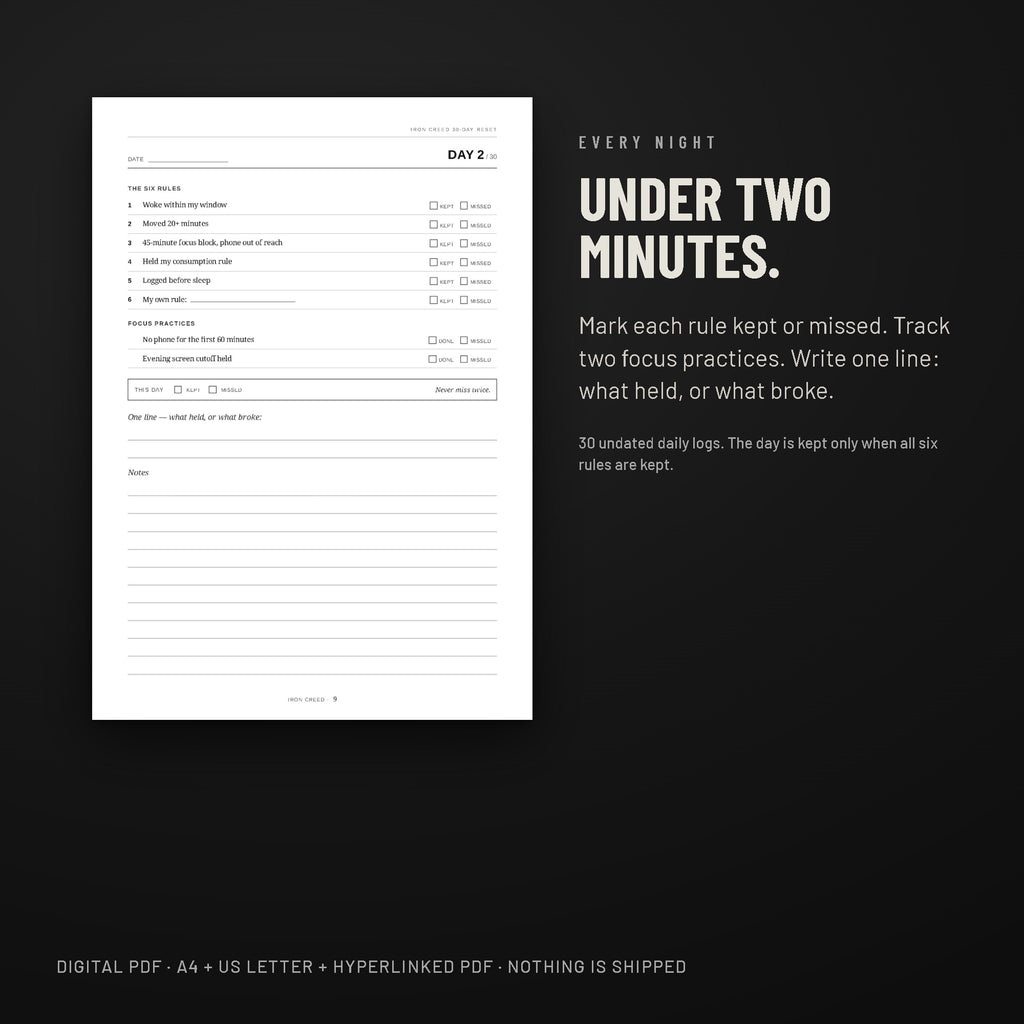 30-Day Reset daily log page: six rules kept or missed, two focus practices, one line.