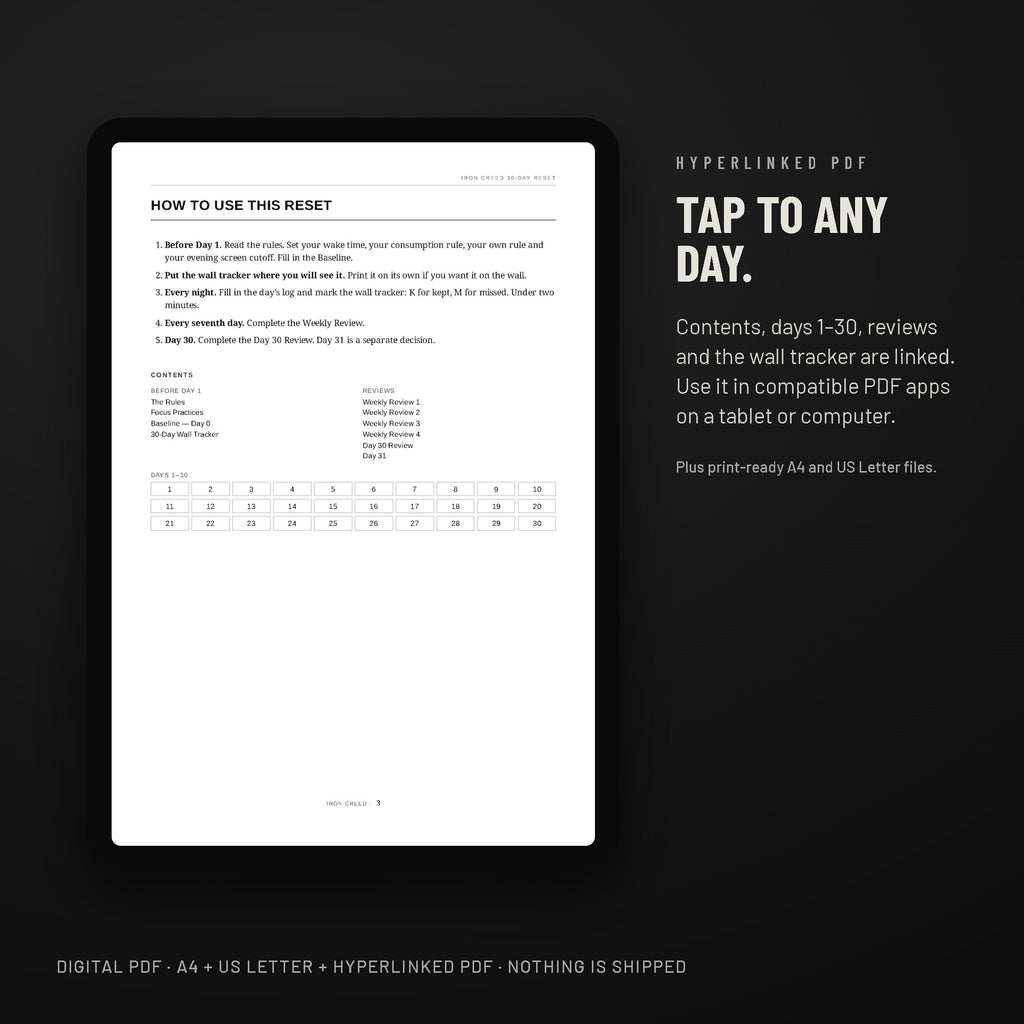 Hyperlinked 30-Day Reset PDF on a tablet, contents linked to every day.