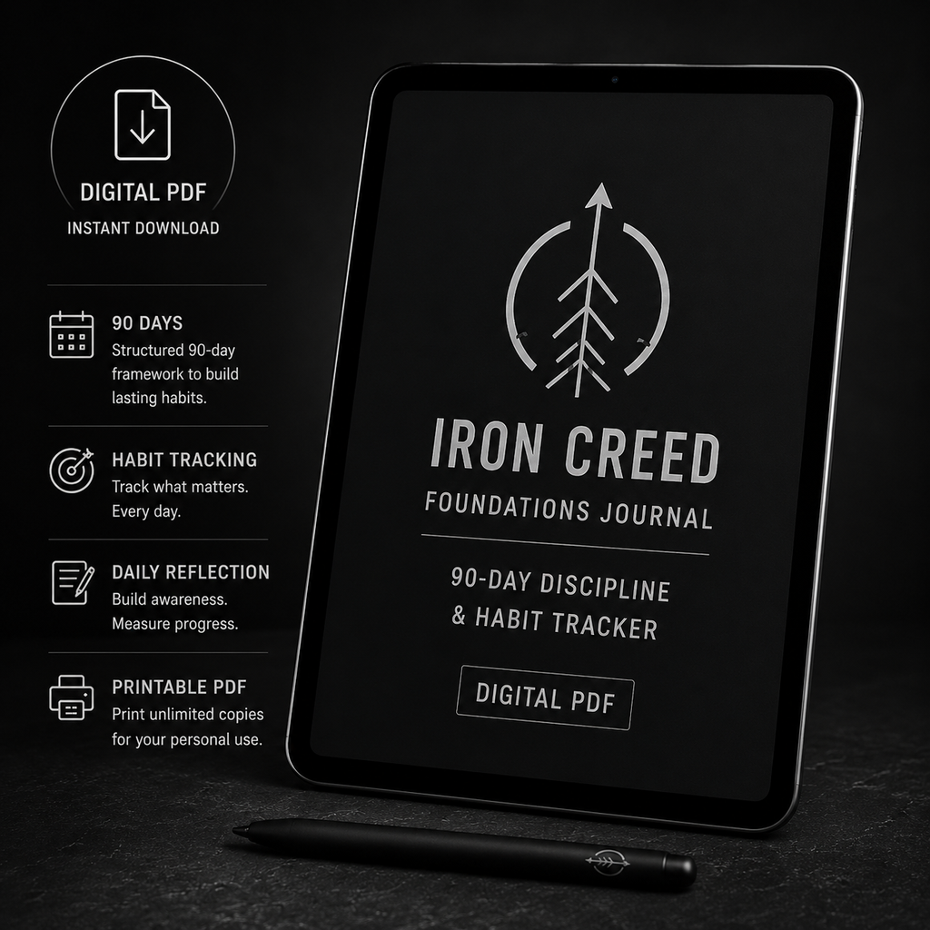 Tablet displaying the Iron Creed Foundations Journal digital PDF with instant download and printable PDF features