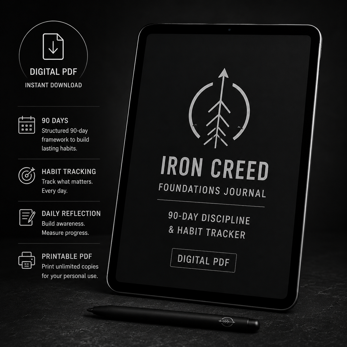 Tablet displaying the Iron Creed Foundations Journal digital PDF with instant download and printable PDF features