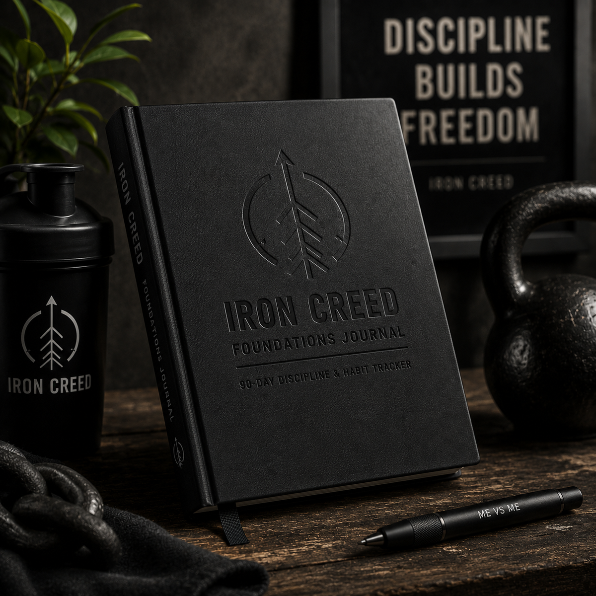 Iron Creed Foundations Journal mockup on a desk with shaker bottle, kettlebell, and Discipline Builds Freedom poster