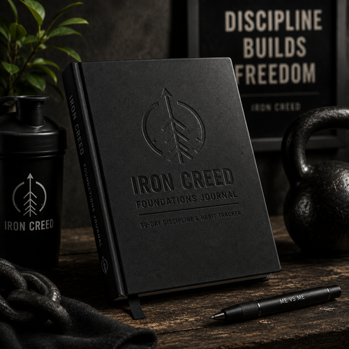 Iron Creed Foundations Journal mockup on a desk with shaker bottle, kettlebell, and Discipline Builds Freedom poster