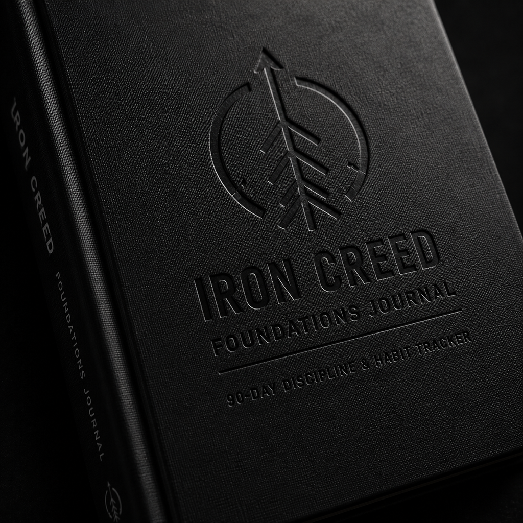 Close-up cover mockup showing the embossed Iron Creed Foundations Journal logo and title