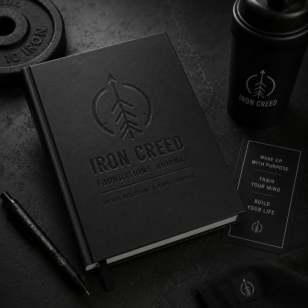 Iron Creed Foundations Journal mockup with shaker bottle, weight plate, pen, and motivational card