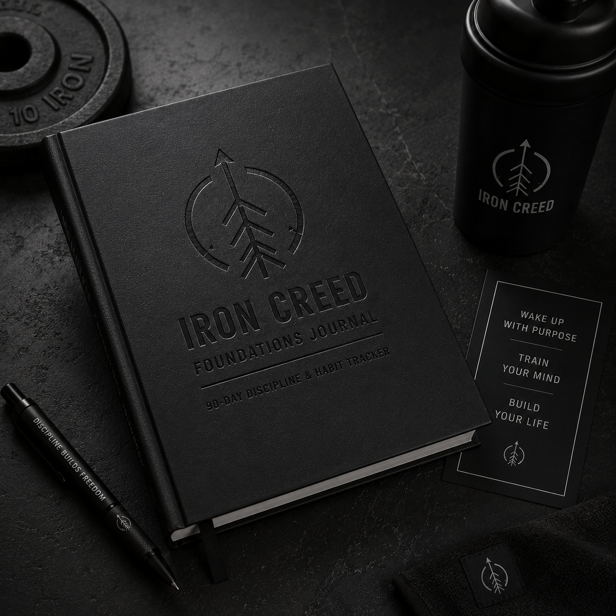 Iron Creed Foundations Journal mockup with shaker bottle, weight plate, pen, and motivational card