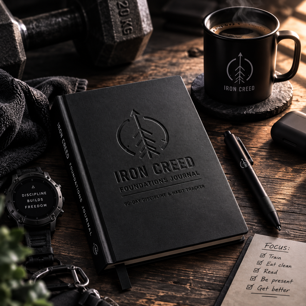 Iron Creed Foundations Journal mockup on a desk with coffee, dumbbell, smartwatch, and daily focus checklist