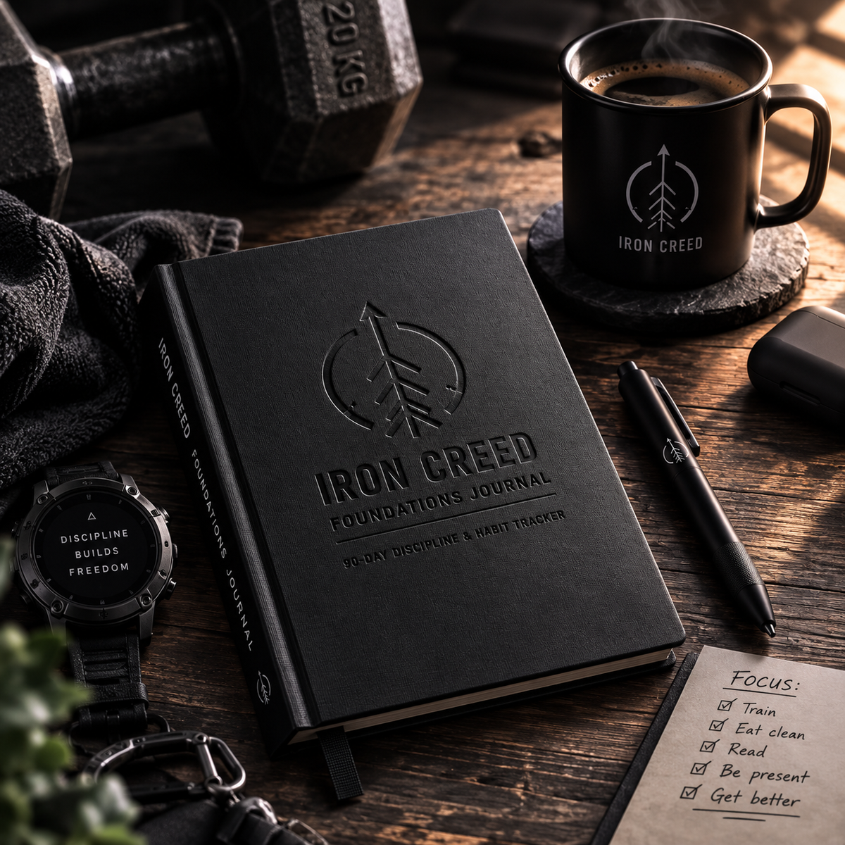 Iron Creed Foundations Journal mockup on a desk with coffee, dumbbell, smartwatch, and daily focus checklist