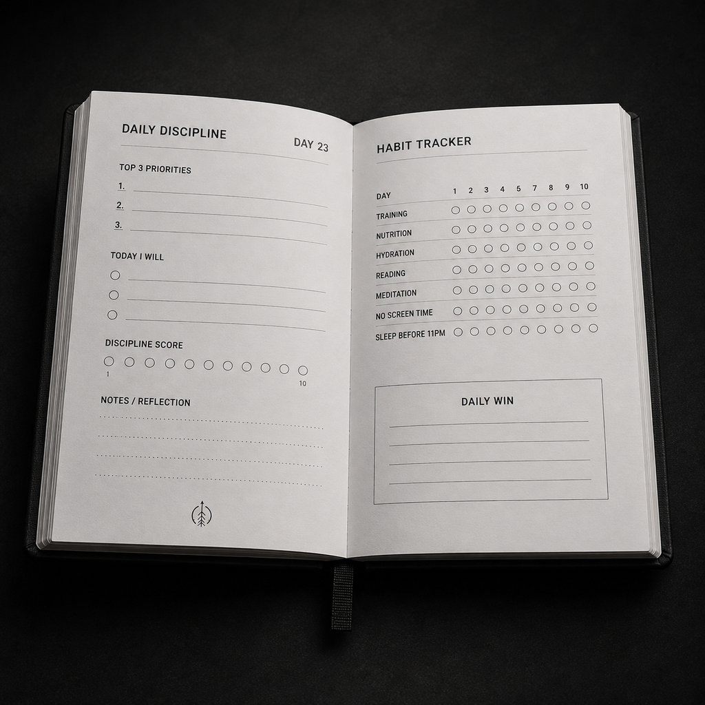 Open Foundations Journal spread showing Daily Discipline pages and the 10-day Habit Tracker