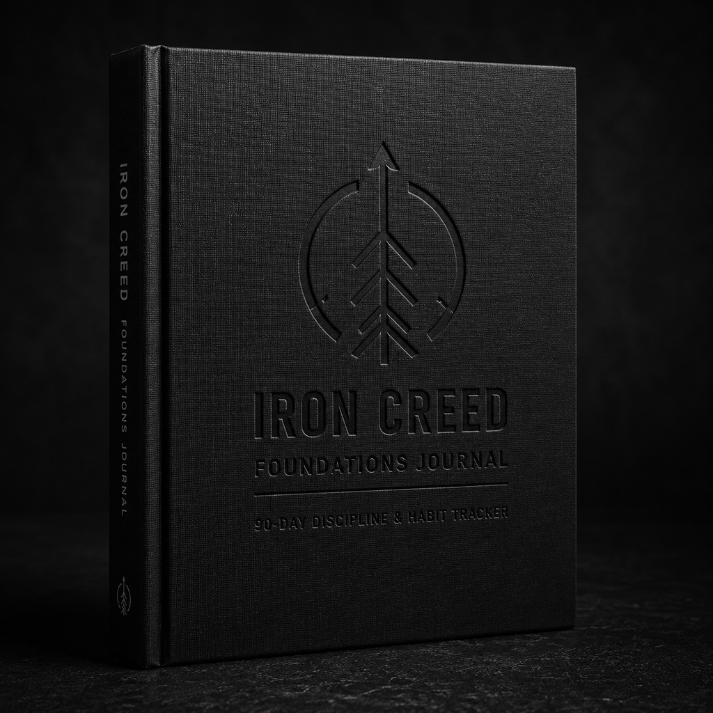 Iron Creed Foundations Journal cover mockup with embossed logo and title on a dark stone surface